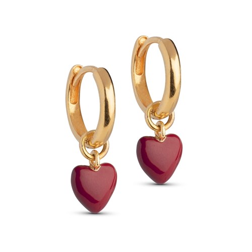 Enamel, Hoops Amore øreringe med Bordeaux Hjerte, Forgyldt