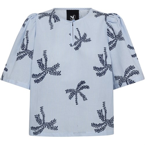 NÜ Diga Bluse med kort Ærme, Stribet med print, Blå