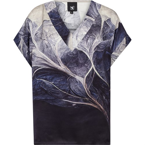 NÜ Cilje Bluse med V-hals og Kort Ærme, Print, Blå Mix