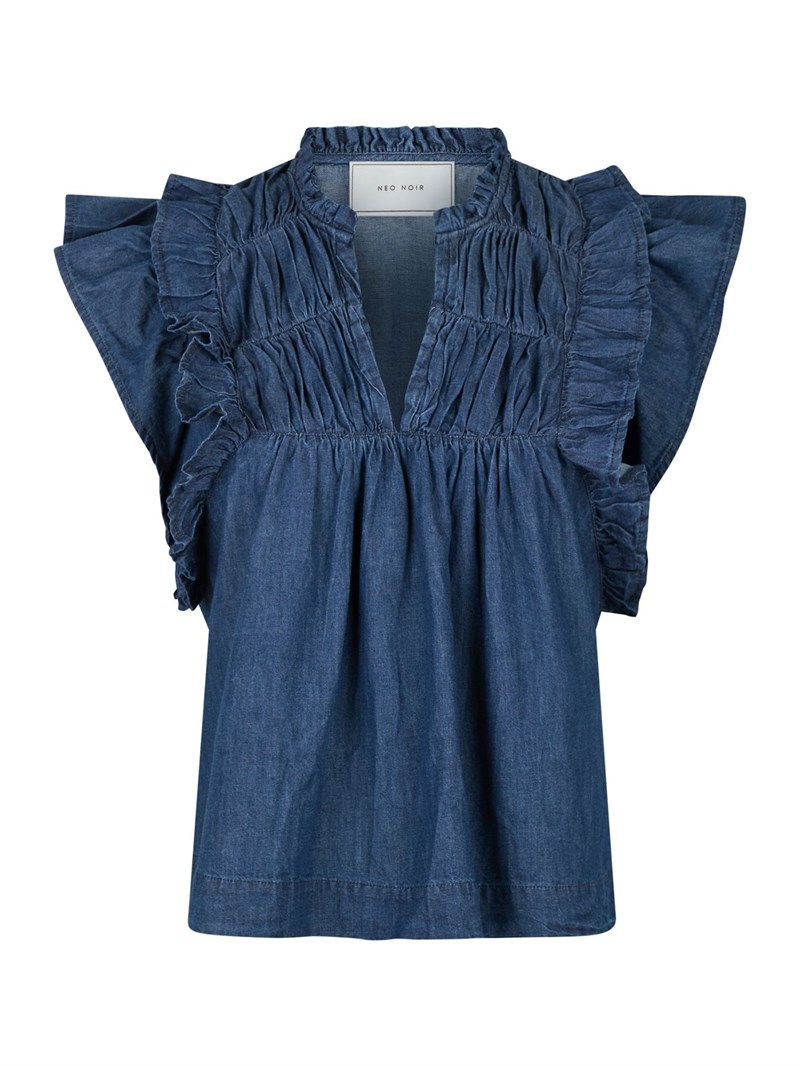 Neo Noir Jayla Top med Flæse, Blød Denim