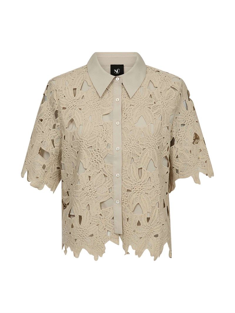 NÜ Decia Skjorte med Kort Ærme, Broderi, Lys sand