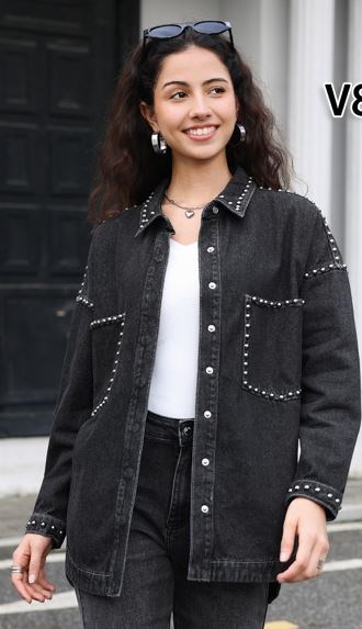 Denim Skjorte/Jakke Oversize med Sølv nitter, V8730, Grå