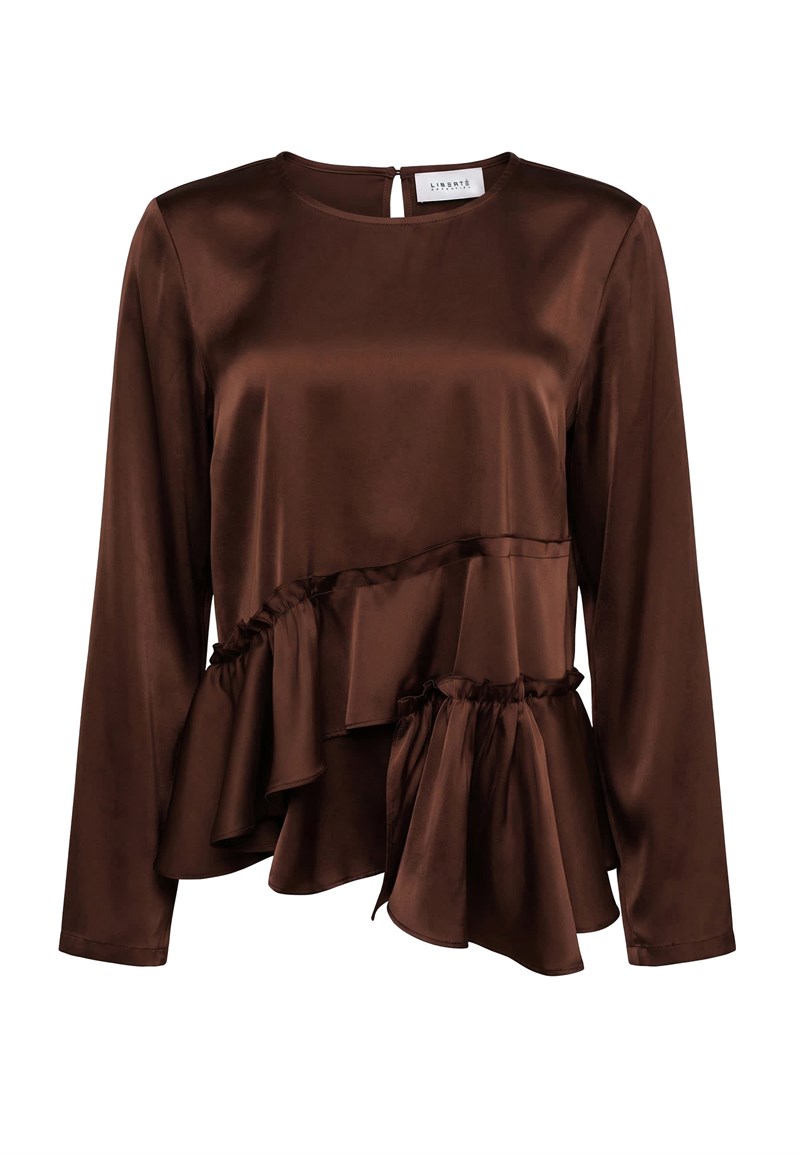 Liberté Fie Langærmet Satin Bluse med Flæse, Brun