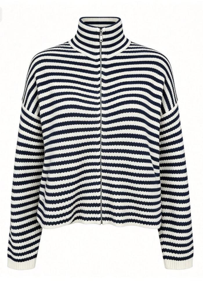 Liberté Sara Strik Cardigan med Lynlås, Stribet, Navy/Creme