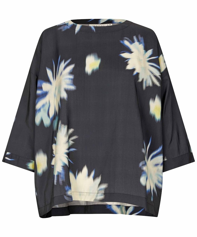 Masai MaBecca FSC Mix Bluse, Viskose, Oversize, Sort med Print