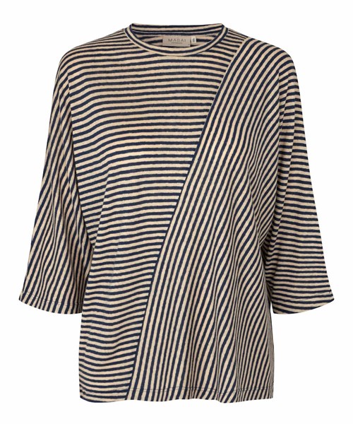 Masai MaDrasara Bluse med striber, Blå/Sand, Hør/jersey