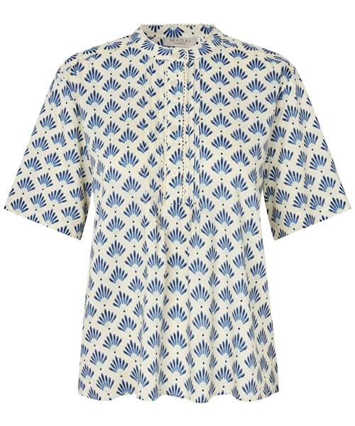 Masai MaDionella Top med kort Ærme, Creme/Blå Mønster, Straight Tight