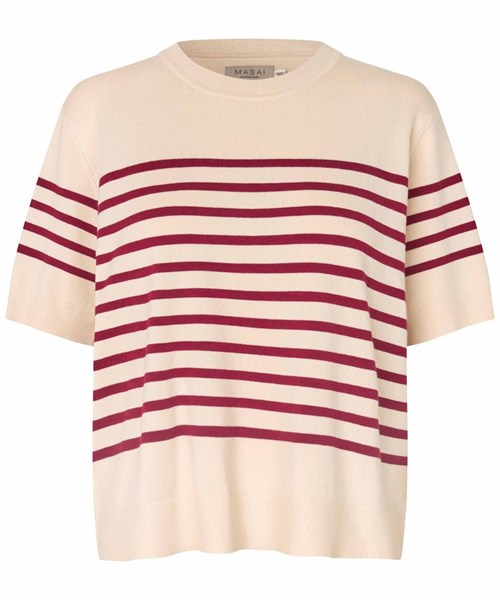 Masai MaFlorayne Strikbluse, kort med Striber, Creme/Mørk rød