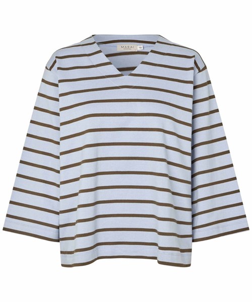Masai MaBrivora Løs Jersey Bluse med Striber, V-hals, Blå/Brun