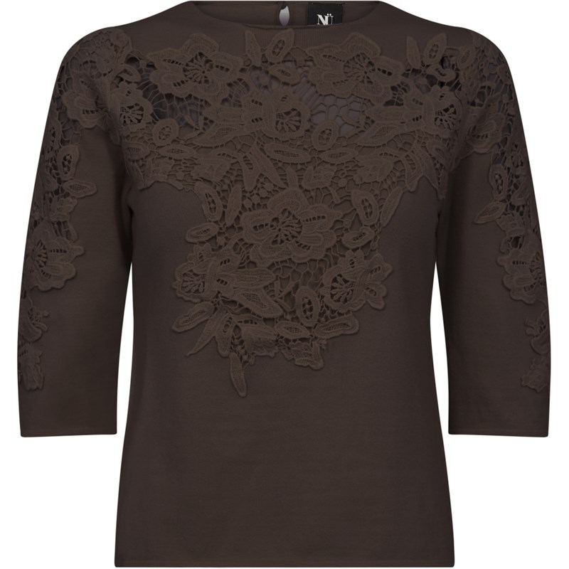 NÜ Dac Strik Bluse med broderi, Mørkebrun
