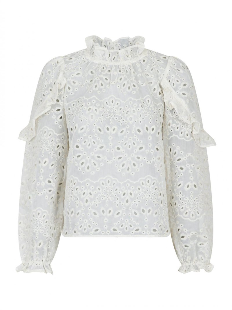 Neo Noir Nadira Embroidery Bluse med Flæse, Creme