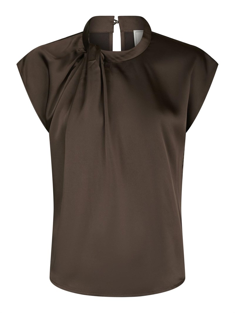 Neo Noir Fleur Drapy Satin Bluse med kort ærme, Mørkebrun