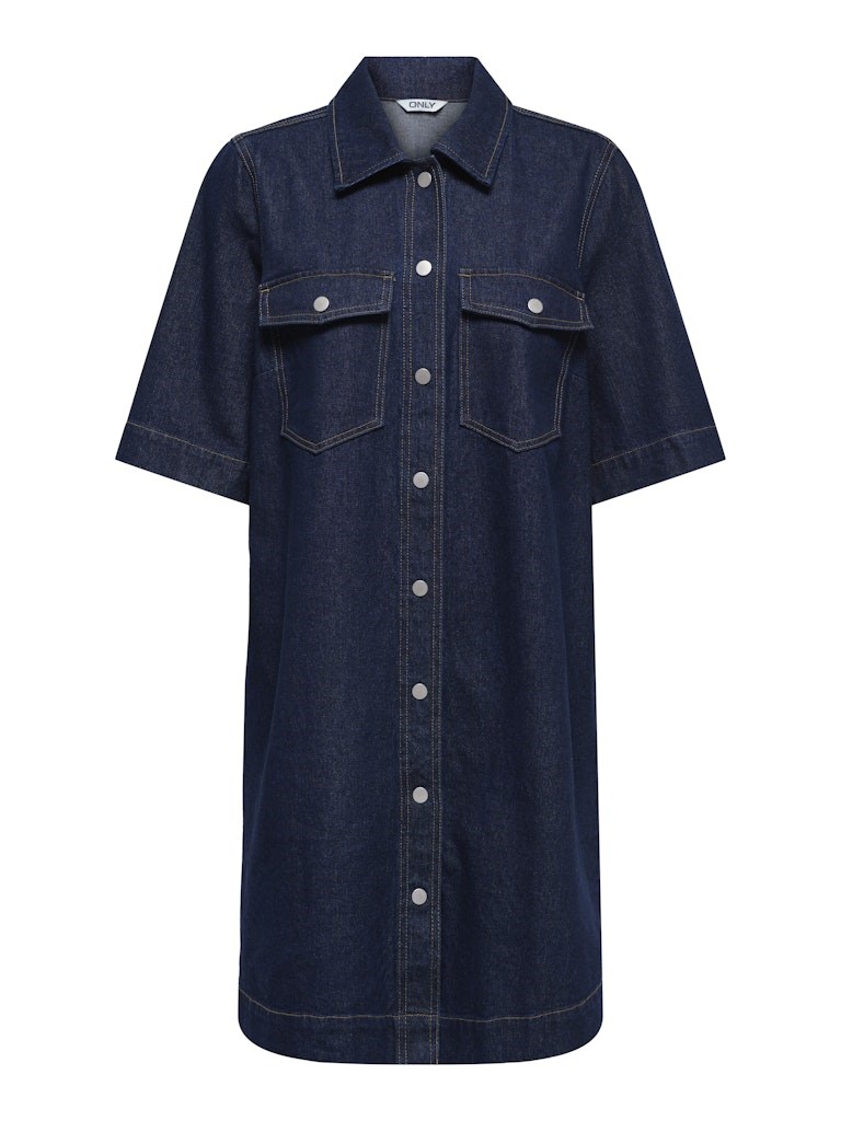 Only Belle Denim Kjole, Kort Ærme, Trykknapper, Mørk Denim