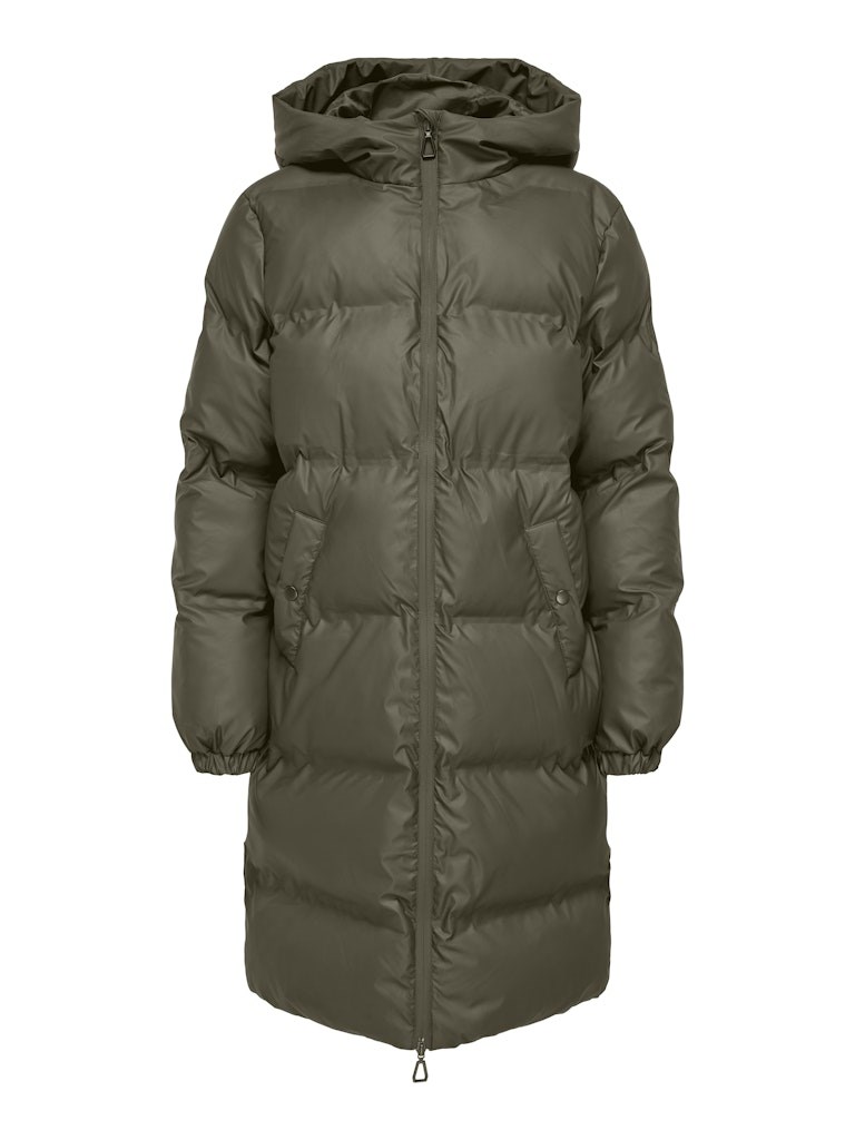 Only Lea Rain Puffer Vinterjakke, Lang, Coated, Støvet Grøn