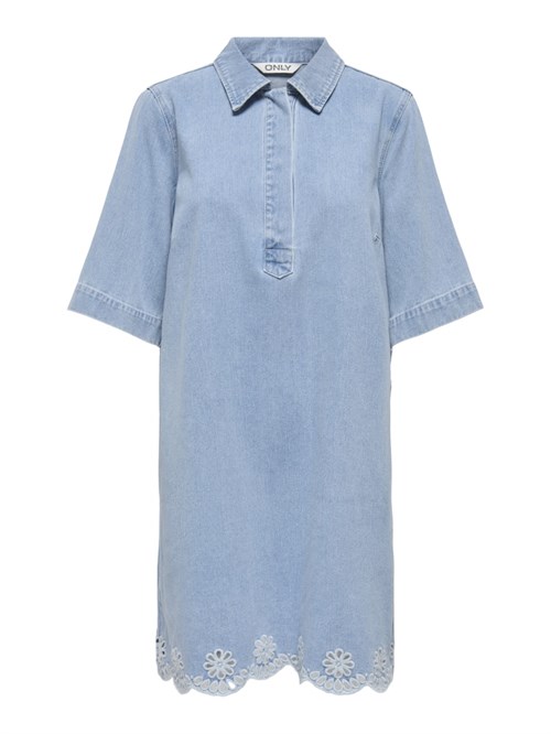 Only Belle Kortærmet Denimkjole med Broderi, Lys Blå Denim