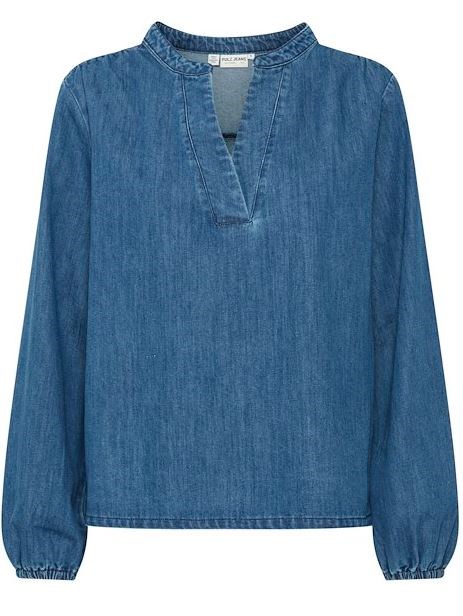 Pulz Malia V-hals Bluse, Blød Denim, Medium Blå