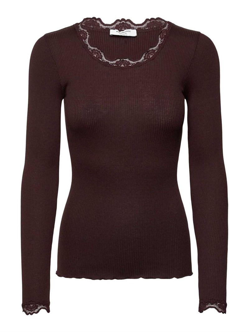Rosemunde Babette Silk Langærmet T-shirt med blonde, Mørkebrun