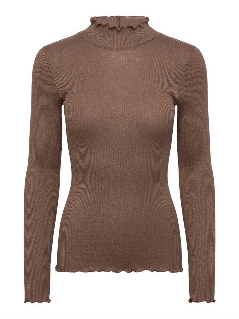Rosemunde Boston Lurex Langærmet t-shirt med høj krave, Lys Brun med Glimmer
