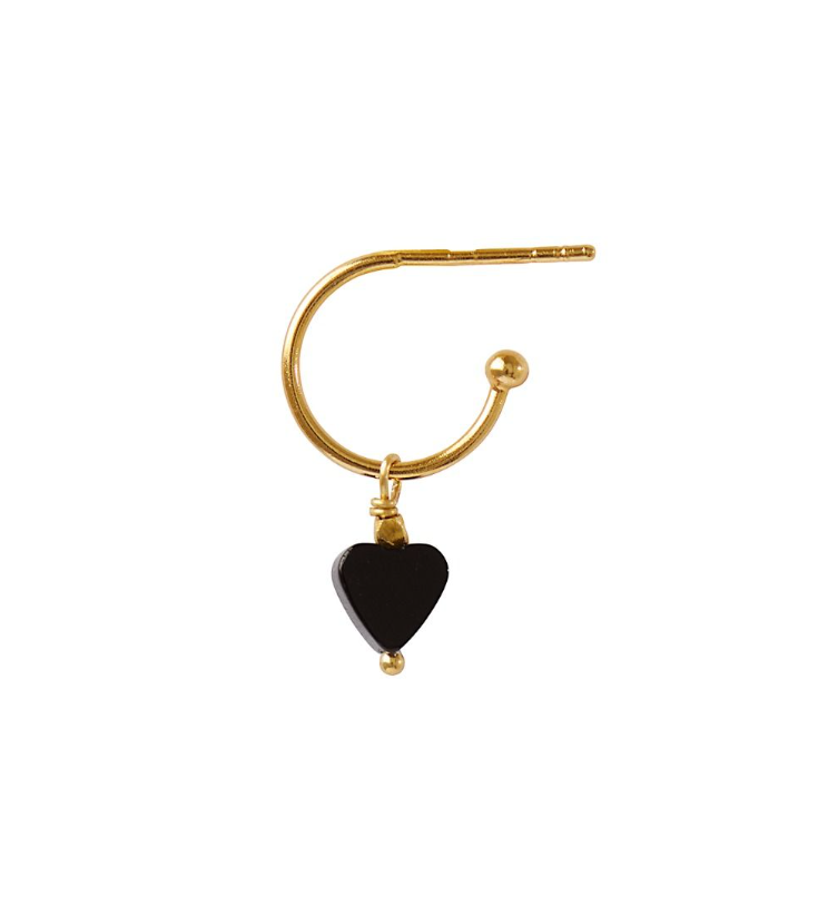 V Mini Amour Creol Ørering med Sort Onyx Hjerte vedhæng, Forgyldt