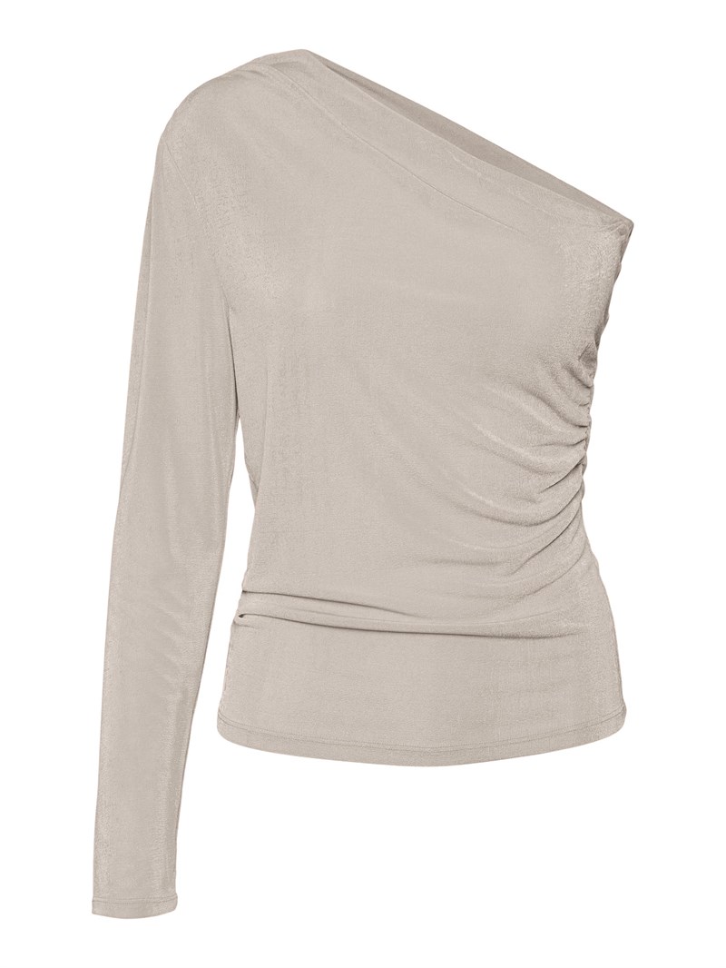 One shoulder bluse med skinnende effekt, rynke detalje i siden, sort eller lys sand