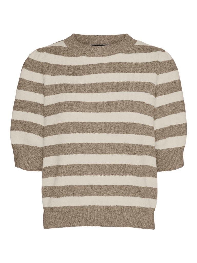 VM Doffy 2/4 O-neck Strikbluse med kort ærme, stribet, Sand