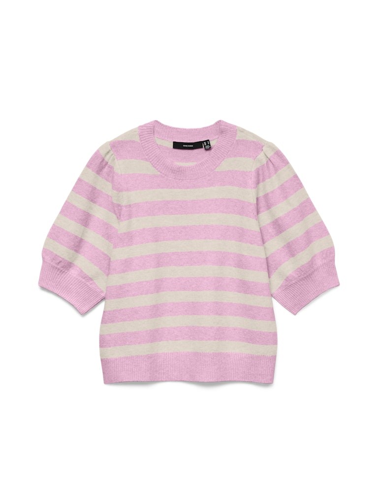 VM Doffy 2/4 O-neck Strikbluse med kort ærme, stribet, Lyserød
