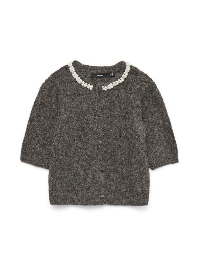 VM Ocean Strik Cardigan med 2/4 Ærme og Perler, Brun Melange