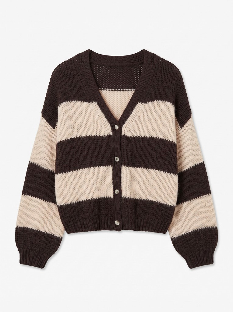 VM Maybe V-hals Strik Cardigan med Striber, Brun, Creme