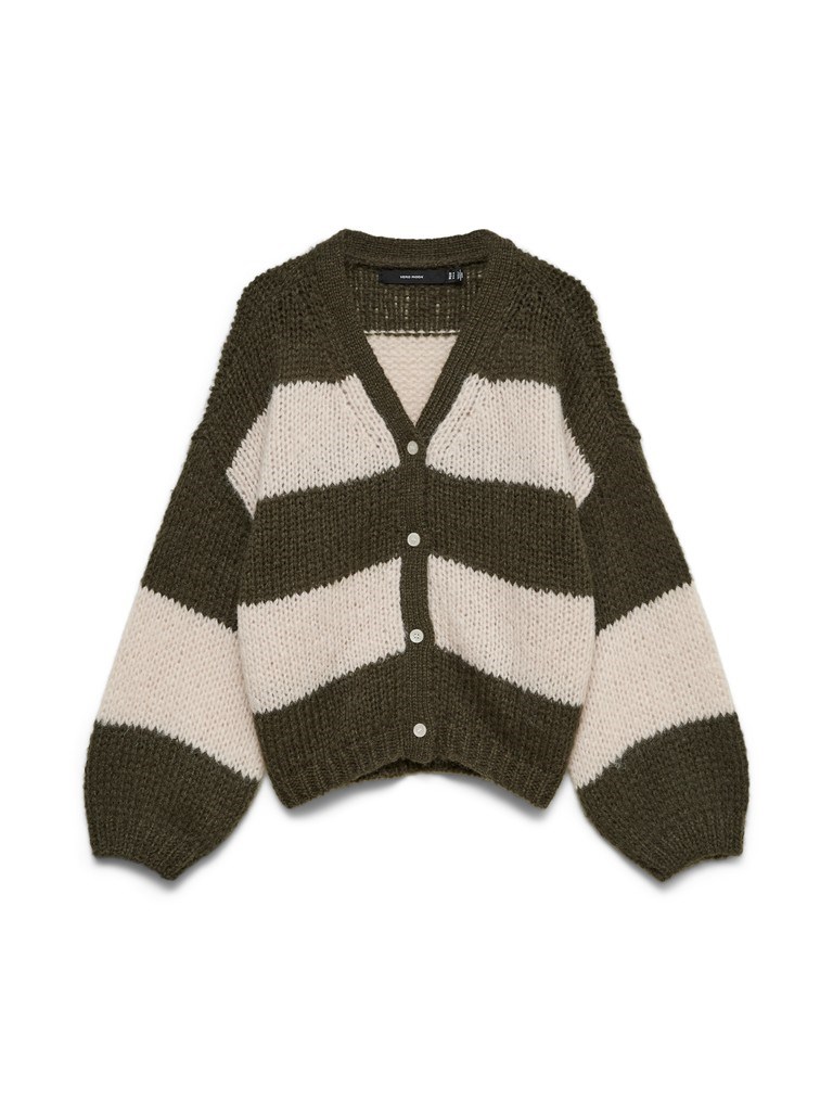 VM Maybe V-hals Strik Cardigan med Striber, Grøn, Creme