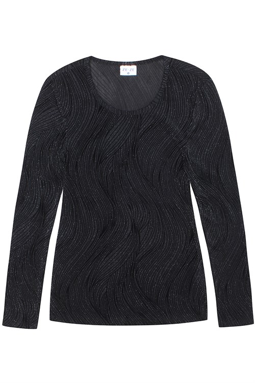Ze-Ze Briella Mesh Bluse med Mønster, Sort med Sølv Lurex