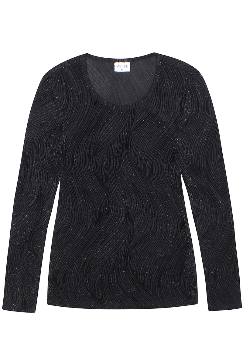 Ze-Ze Briella Mesh Bluse med Mønster, Sort med Sølv Lurex