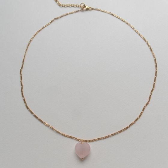 Stine A Amour Halskæde med Hjerte i Rosa Quartz, 46+6 cm, Forgyldt
