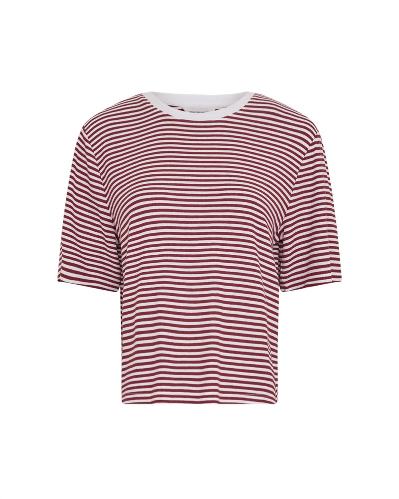 MSCH Jana T-shirt med striber, Rib, Creme/Mørkerød