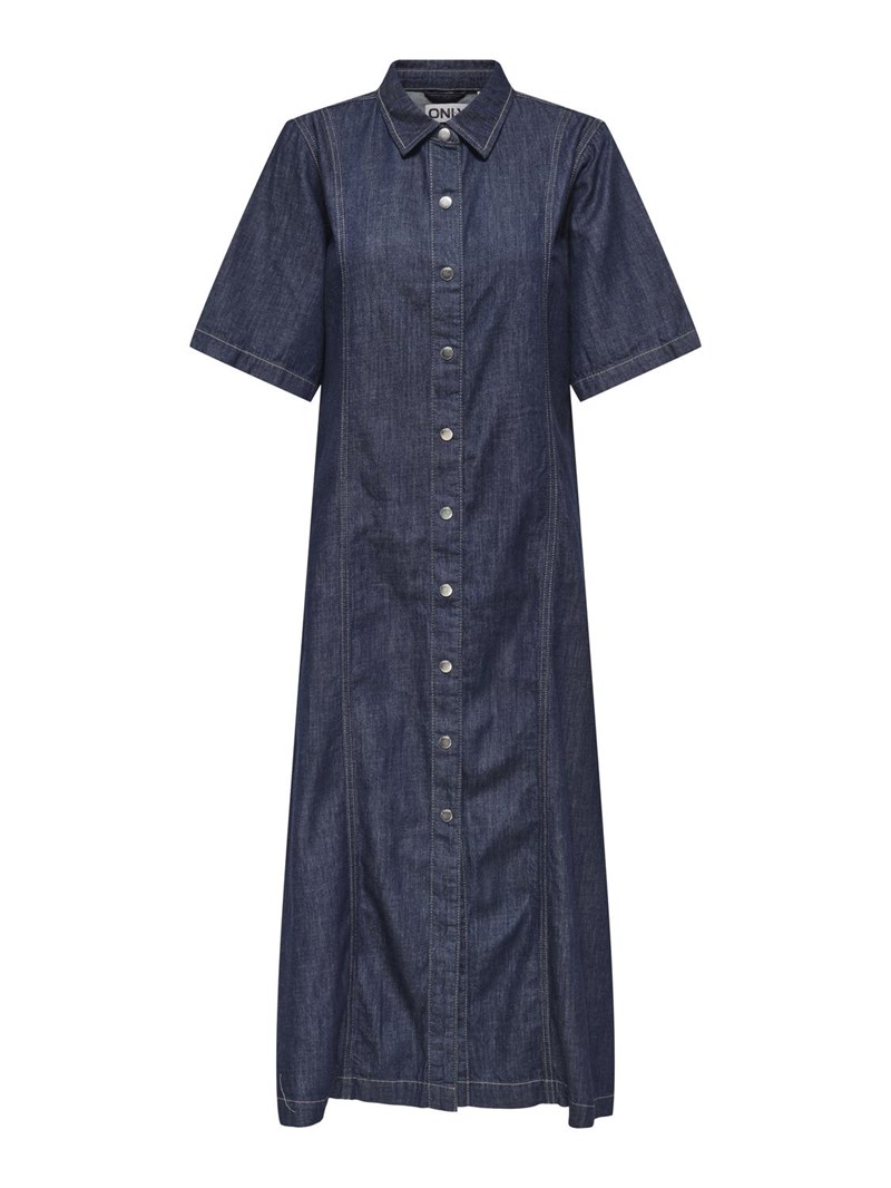 Only Runa Denim kjole med kort ærme, Midi, Mørk blå Denim